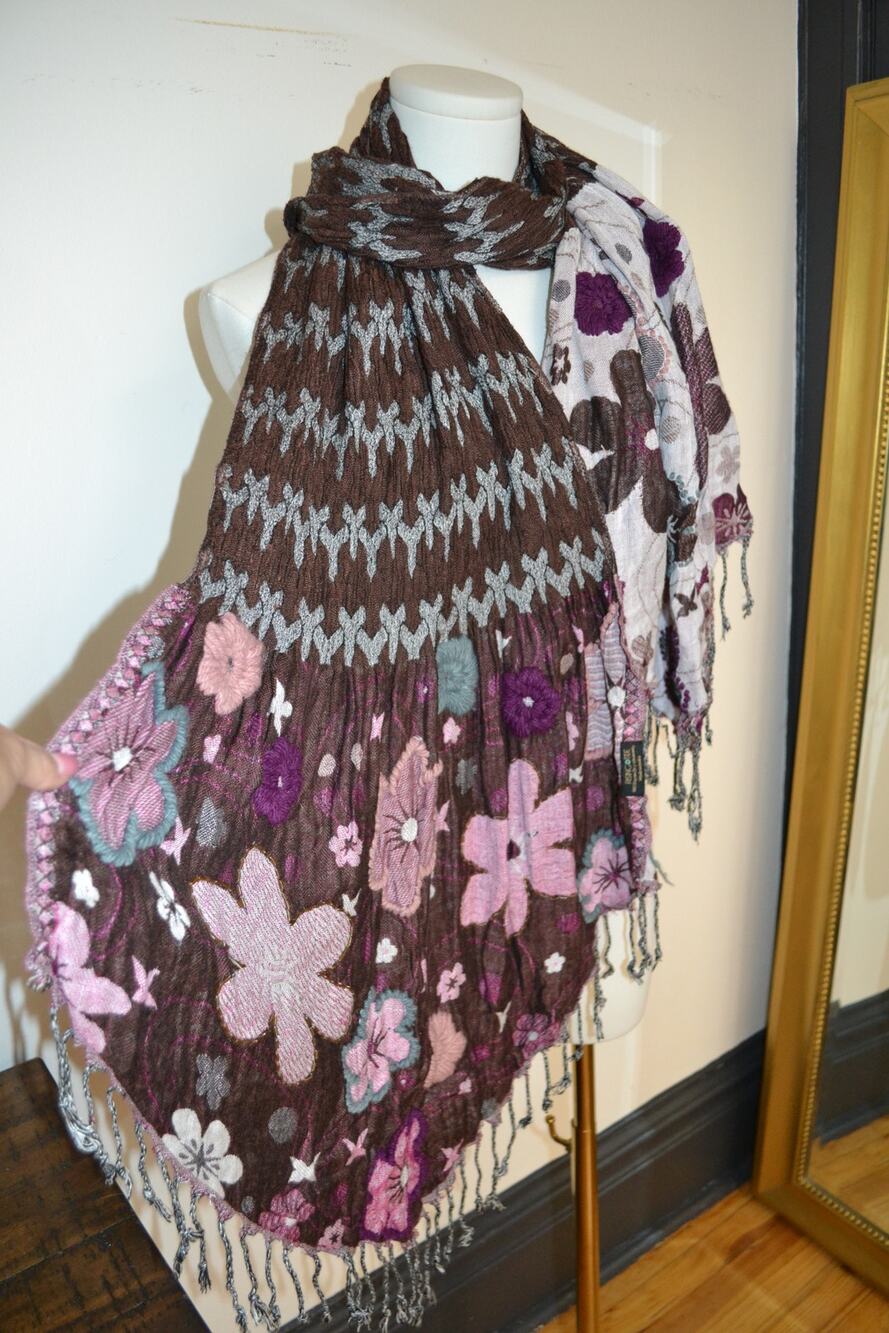 Unique Y2K Inspired Brown Floral Embroidered Beaded Bohemian Statement Scarf